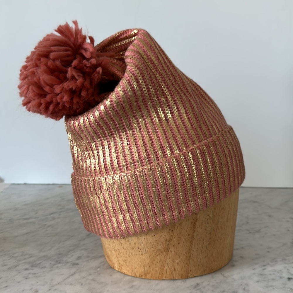 Lu Couture Metallic pink gold pom pom beanie hat OS